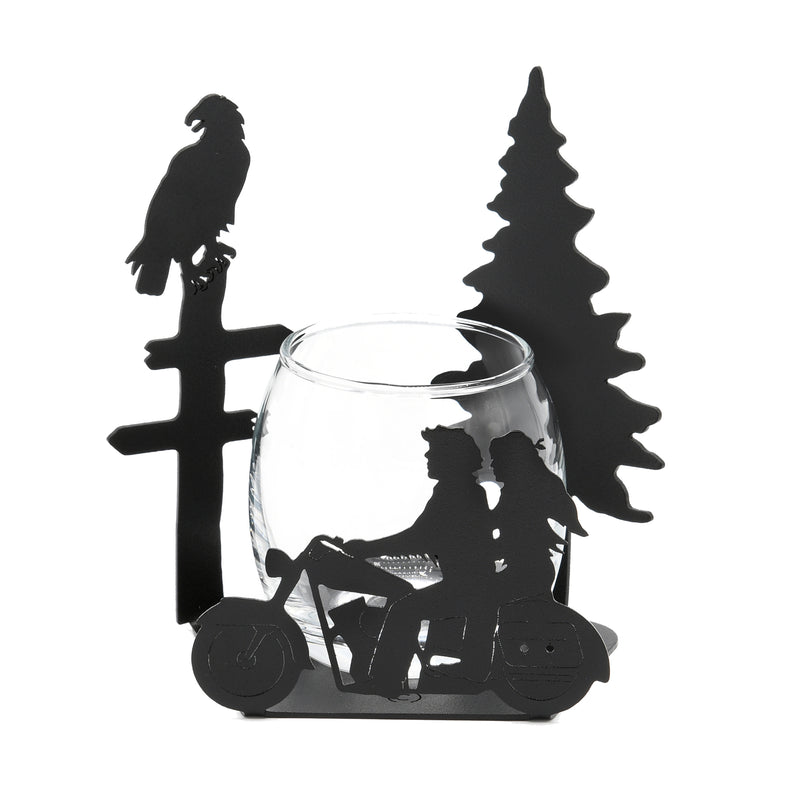 Motorcycle Riding Couple with Eagle and Pine Tree Candle Holder